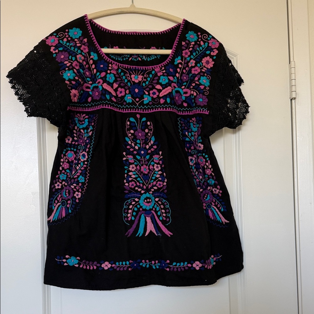 Black Embroidered Floral Peasant Top with Pink & Teal Accents
